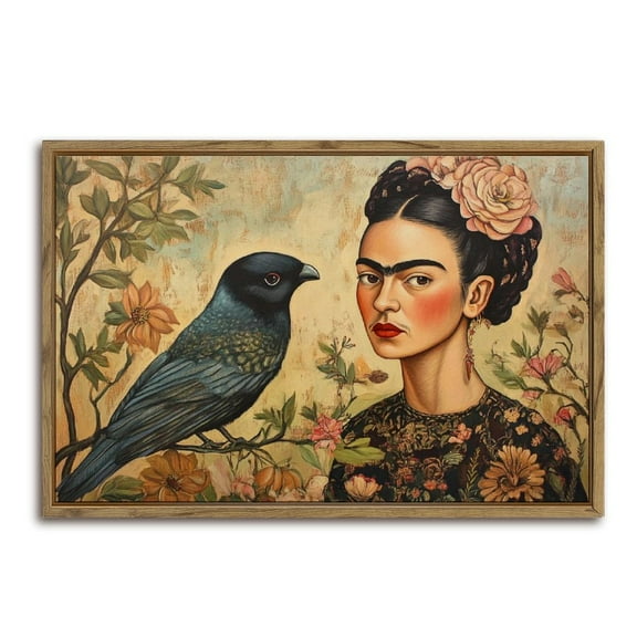 Portrait Bird Flowers Frida Kahlo Style Horizontal Canvas Wall Art with Lightweight Foam Frame - Durable and Ready to Hang, Modern Decorative Print for Living Room, Bedroom, Or Office