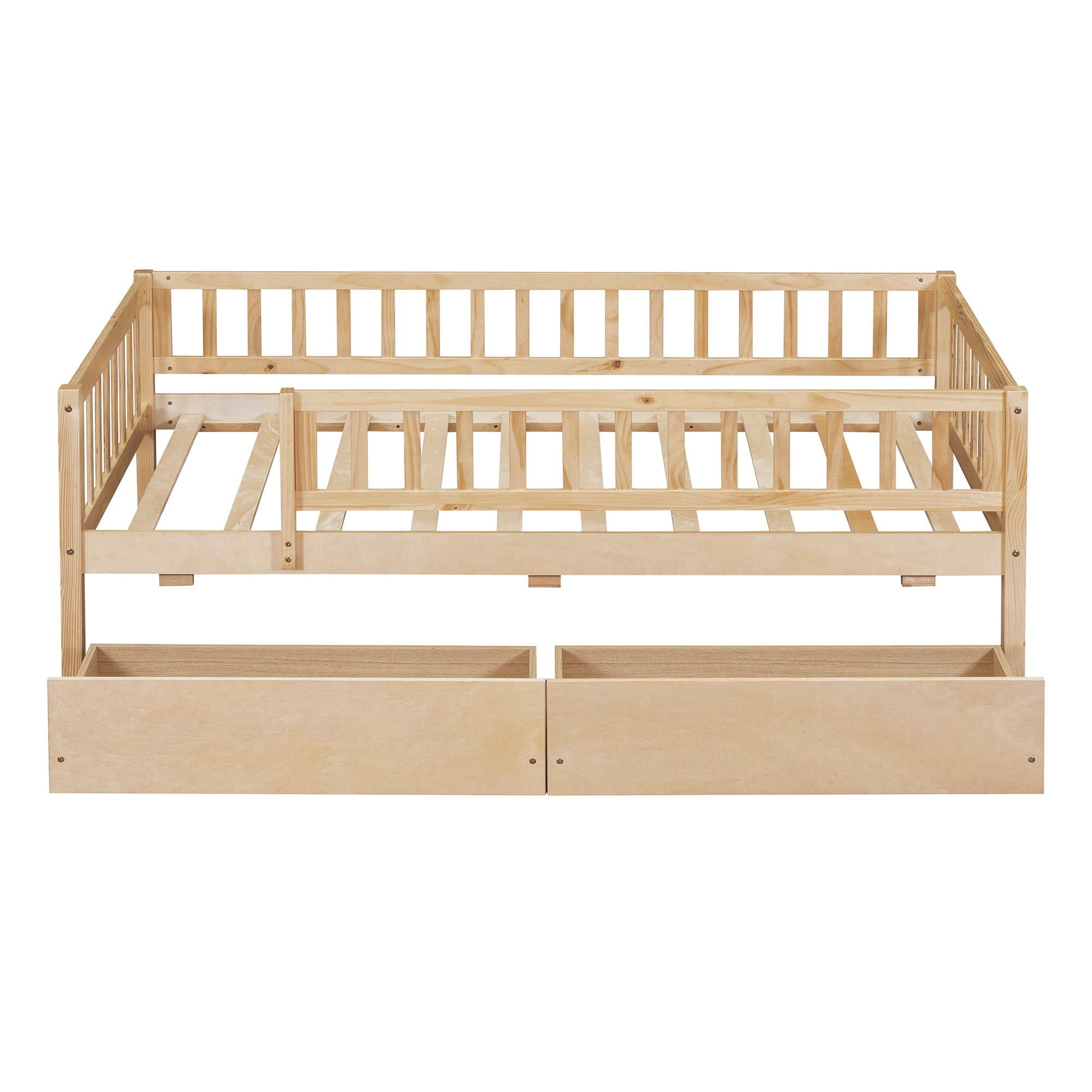 Holaki Twin Size Wood Bed with Guardrails and 2 Storage Drawers for Kids, Natural