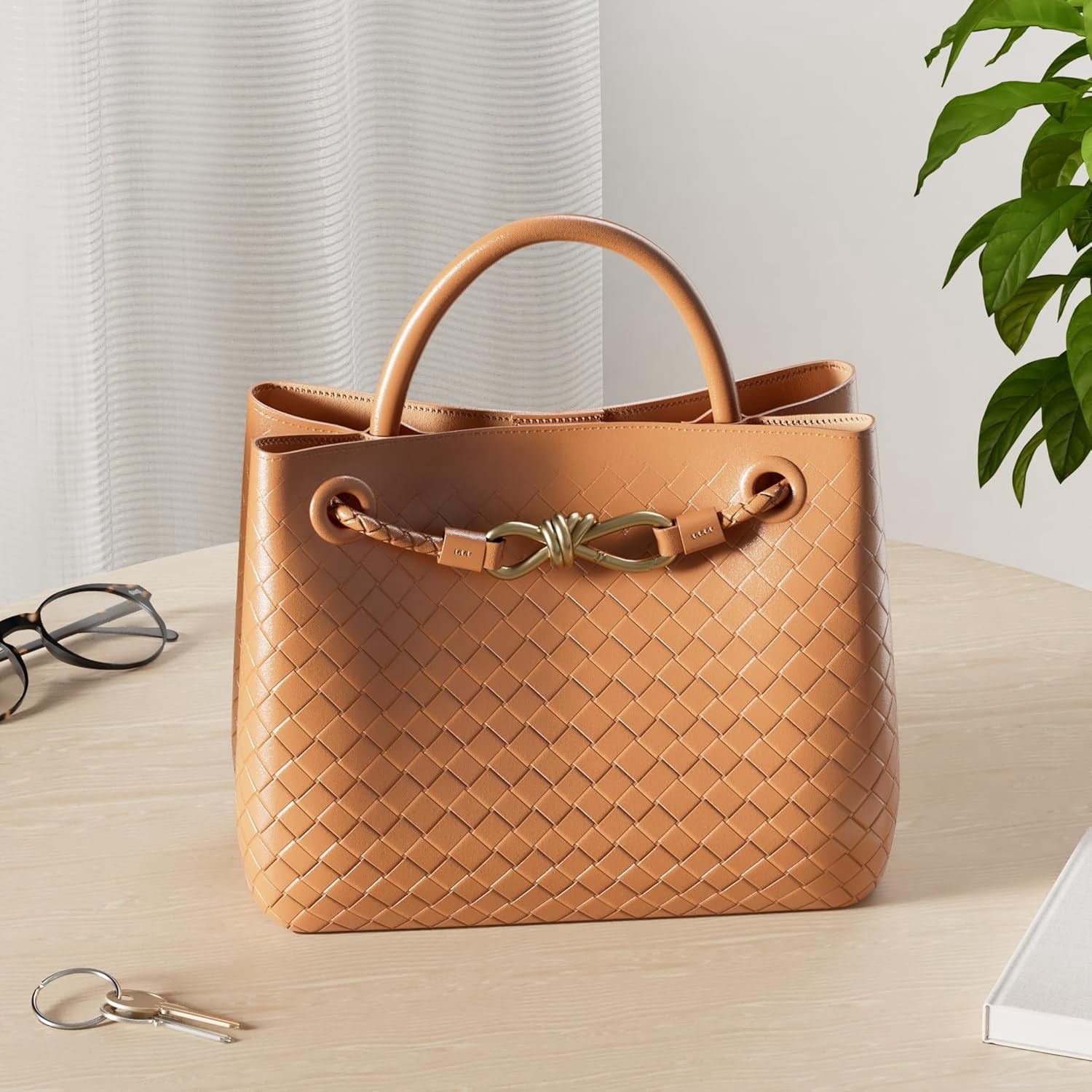 Woven Bags for Women Bowknot Tote Hobo Shoulder Crossbody Bags PU Leather Handwoven Woven Purse