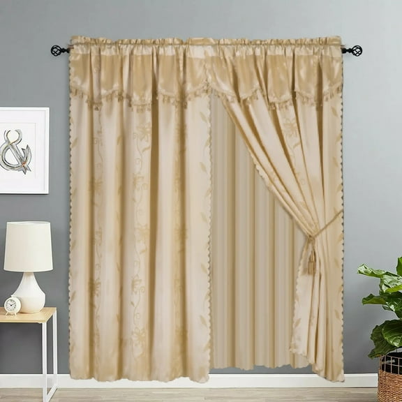 Nada Gold Complete Set Window Curtain Floral Faux Silk Panels Attached Valance and Backing Sheer Rod Pocket 120" W X 84" L