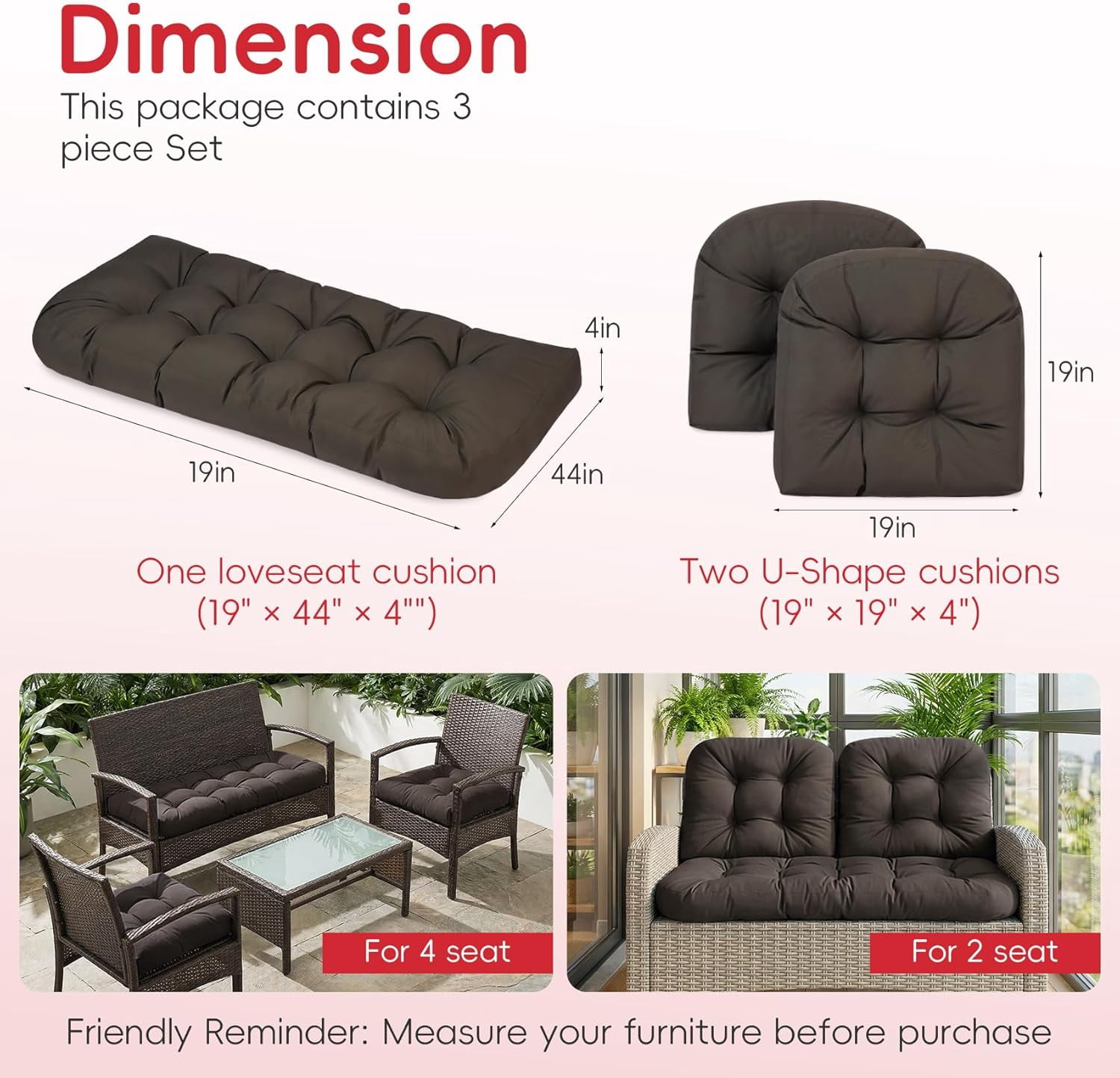 Wicker Furniture Cushions Set of 3, Waterproof Outdoor Loveseat Cushions for Patio Furniture, 4 Inch Thick Tufted Non-Slip Outdoor Cushions for Wicker Patio Furniture (Deep Coffee, 44" x 19")