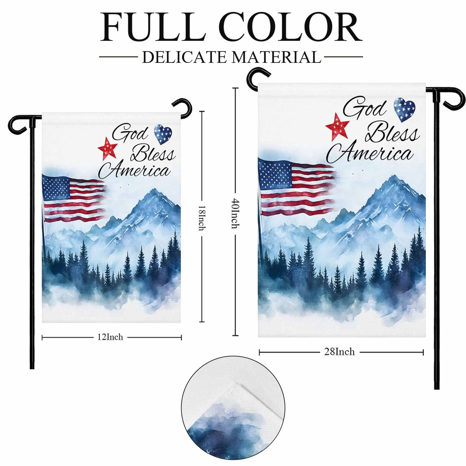 Independence Day Garden Flag 28x40 Inch God Bless American Mountains Double Sided Small Decorative Garden Flags for Outside, Outdoor Yard Porch Lawn Decoration