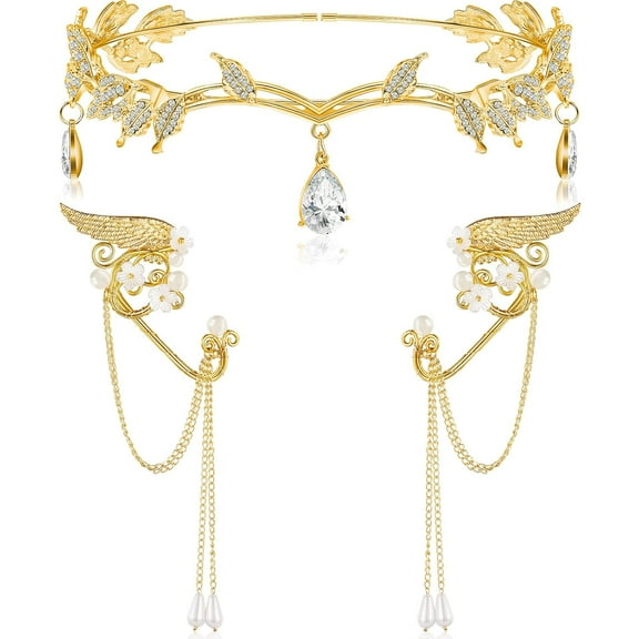 3pcs Elf Ears Clip-on Earrings and Headband, Rhinestone Leaf Crown Fairy Ear Cuffs Princess Costume for Women
