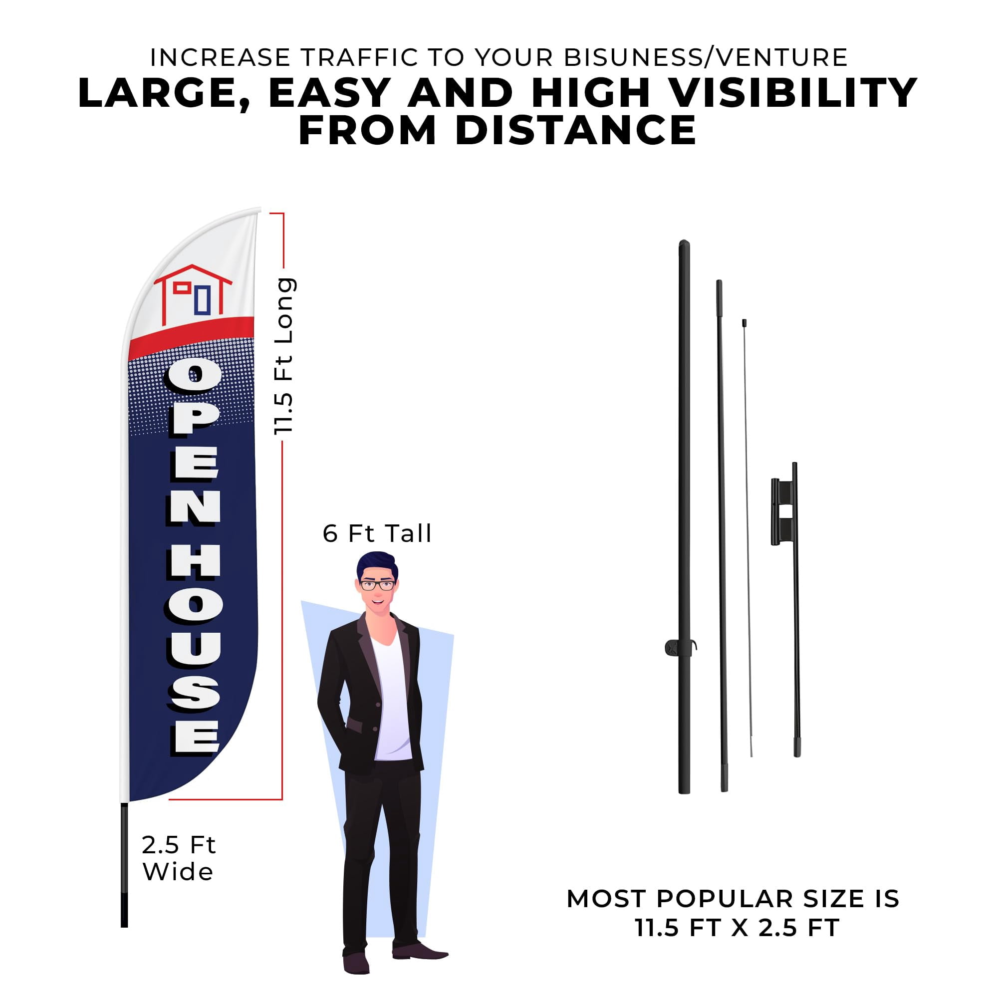 Open House 5 Feather Flag(11.5feetX2.5feet) by DreamController | Outdoor Business Advertising Tall Flag | Weather-Resistant Knitted Swooper Flag | Made in USA | HD Print(Flag Only)