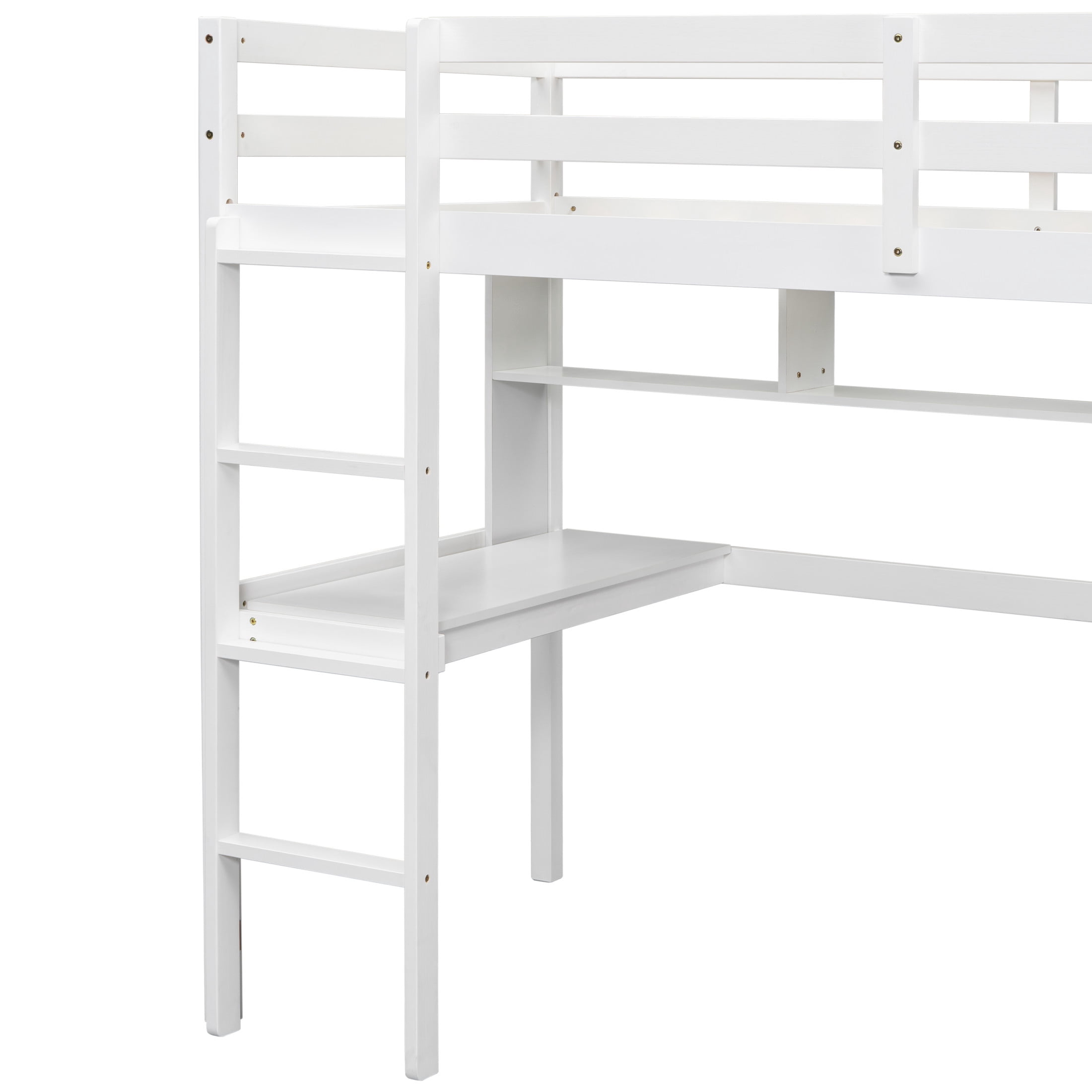 Noble House Sparkling Twin Loft Bed with Built-In Desk and Shelves, Pine Wood Frame with Ladder and Guardrails, White