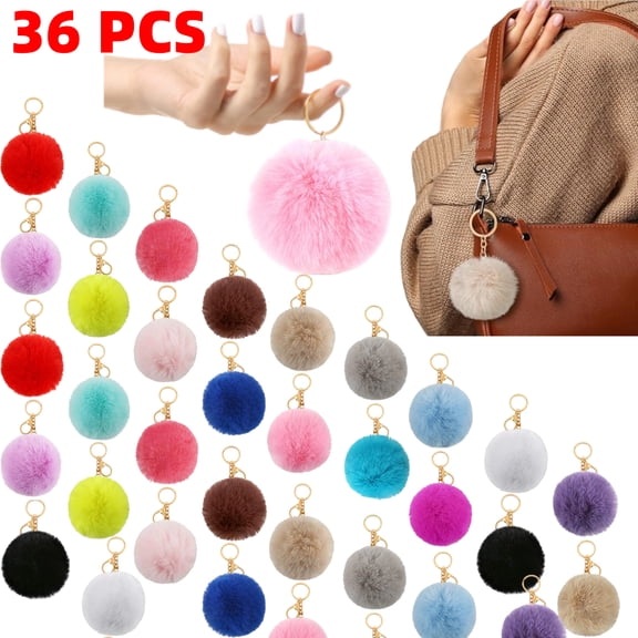 36PCS Cute Keychains For Women, 8cm/3.1" Pom Pom Keychain, Key Rings For Handbag Backpack Car Keys