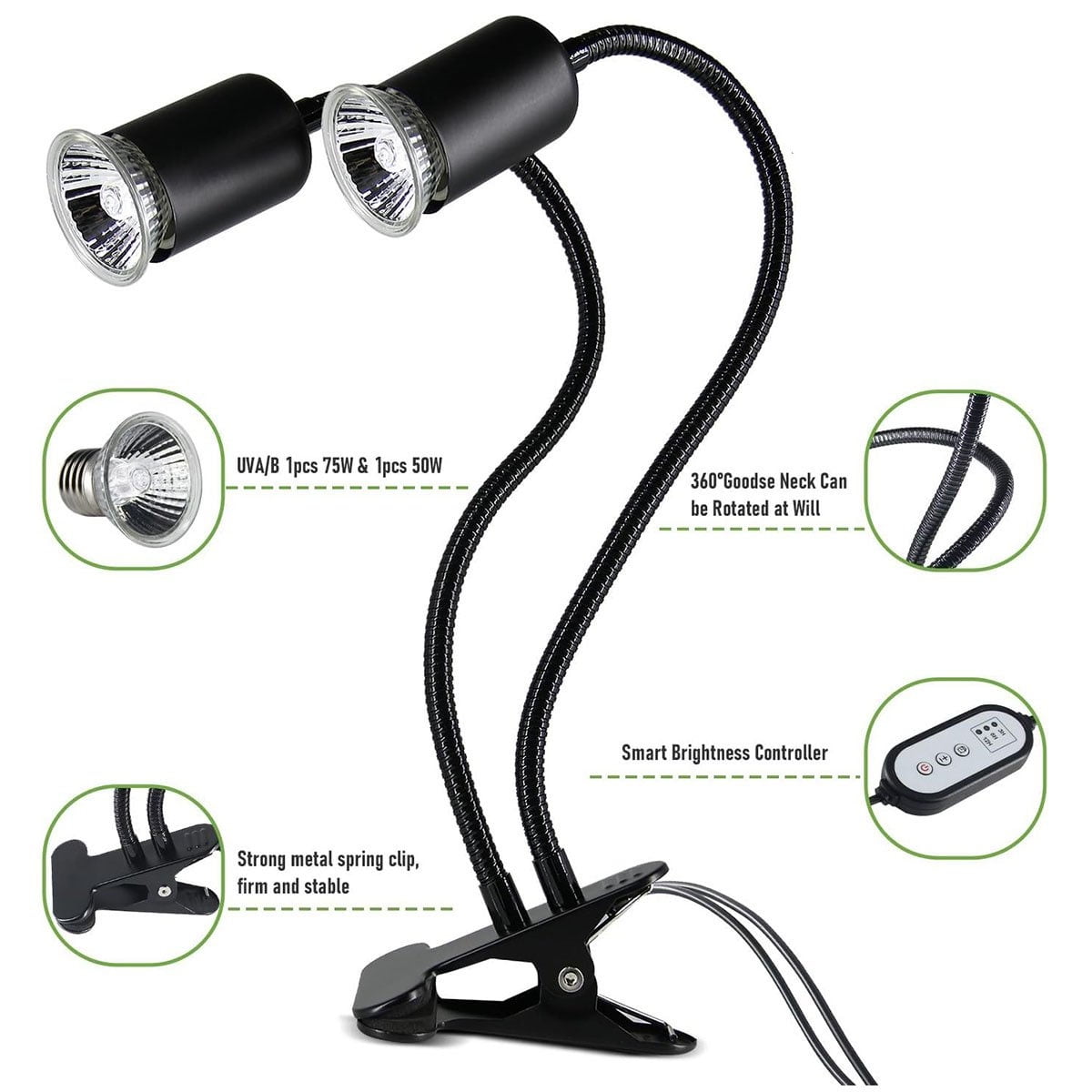 Reptile Heat Lamp with Dual UVA UVB, 360° Dimmable Heating Light for Turtle Tank, Bearded Dragon, Lizard, Snake and Other Reptiles,with 2 bulbs
