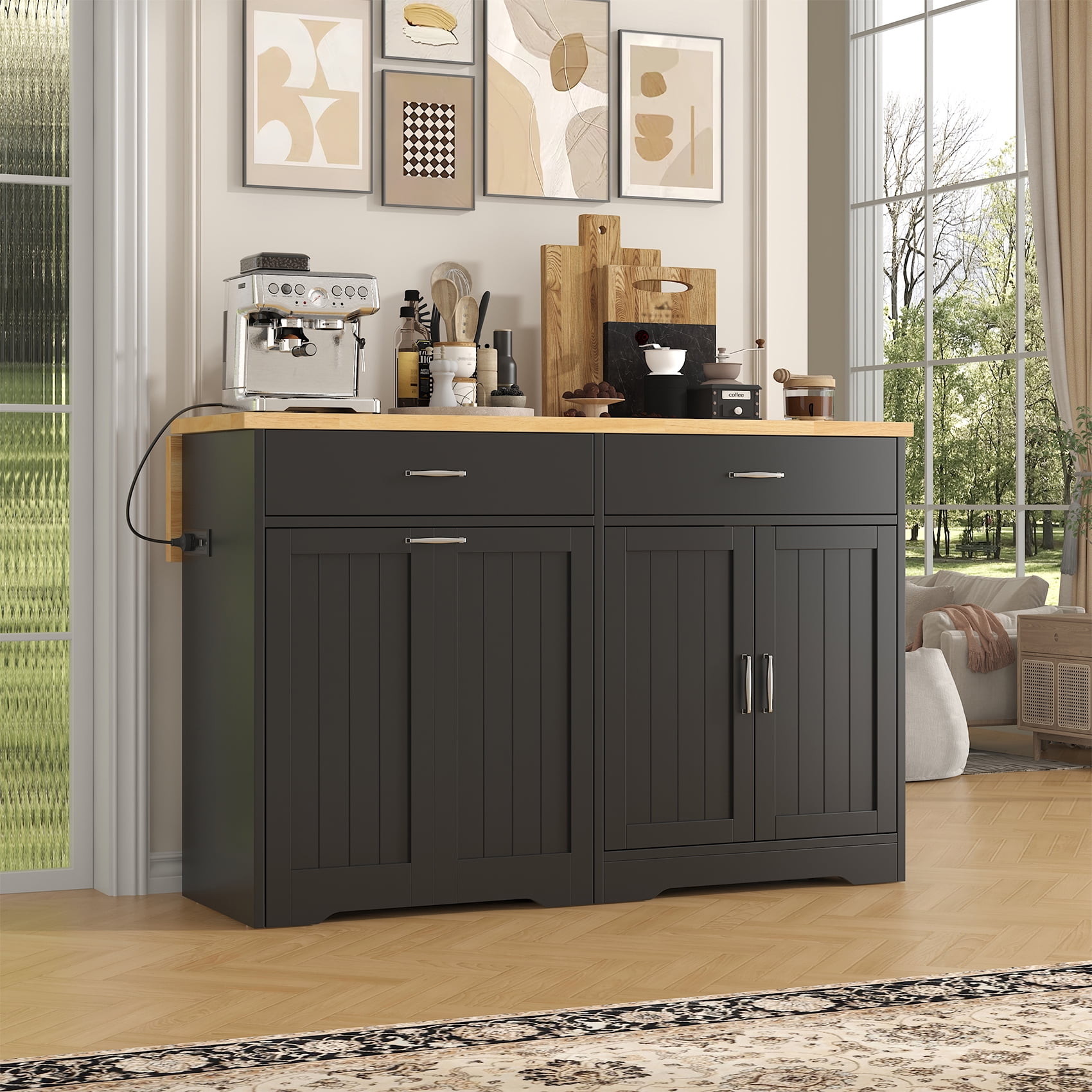 HAUXITIO Kitchen Island with Drop Leaf,Power Outlet & LED Lights,Stationary with Hidden Casters Islands Table for Kitchen,Dining Room,Black
