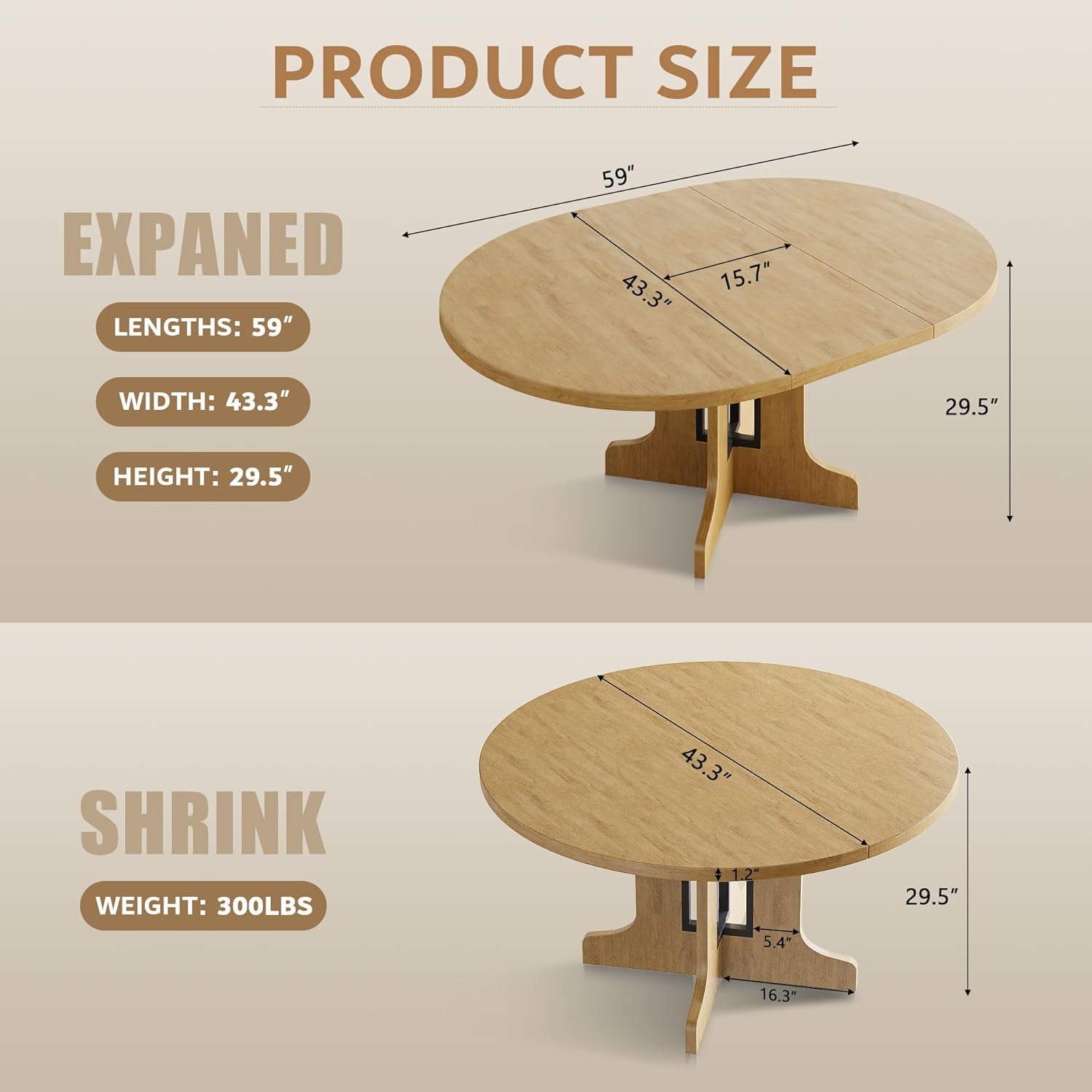 iPormis 59" Round Extendable Dining Room Table for 6, Modern Oval Kitchen Table with Heavy Duty Wood Base, Dinette for Kitchen Living Room,Oak