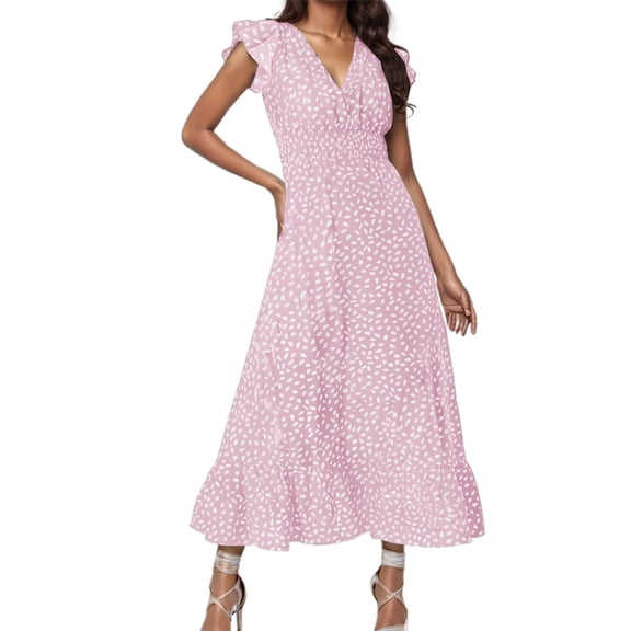 PMVFHDE Women V Neck Evening Dress Waist Tie Short Sleeve Long Dress 2025 Dresses For Women Light Purple,S