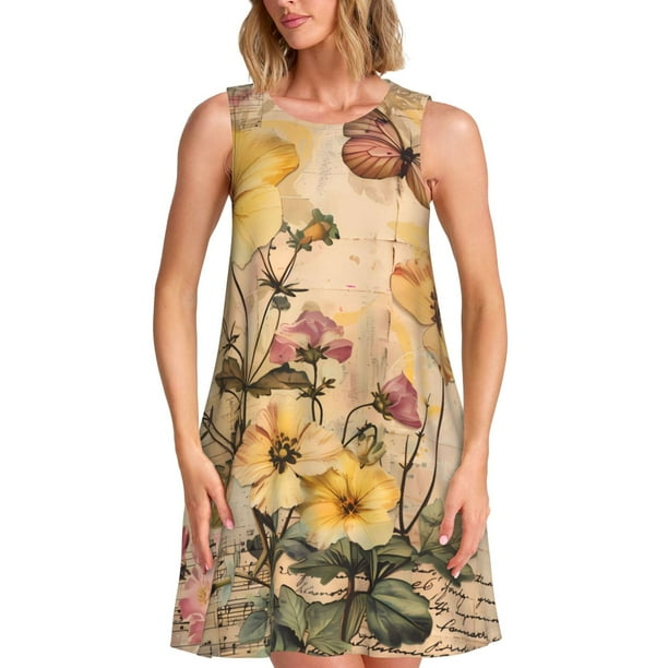 Disketp Vintage Floral Butterfly Collage para Vestido sin Mangas para Mujeres, Vestidos de Verano para Mujeres, Casual y Holgado para la Playa