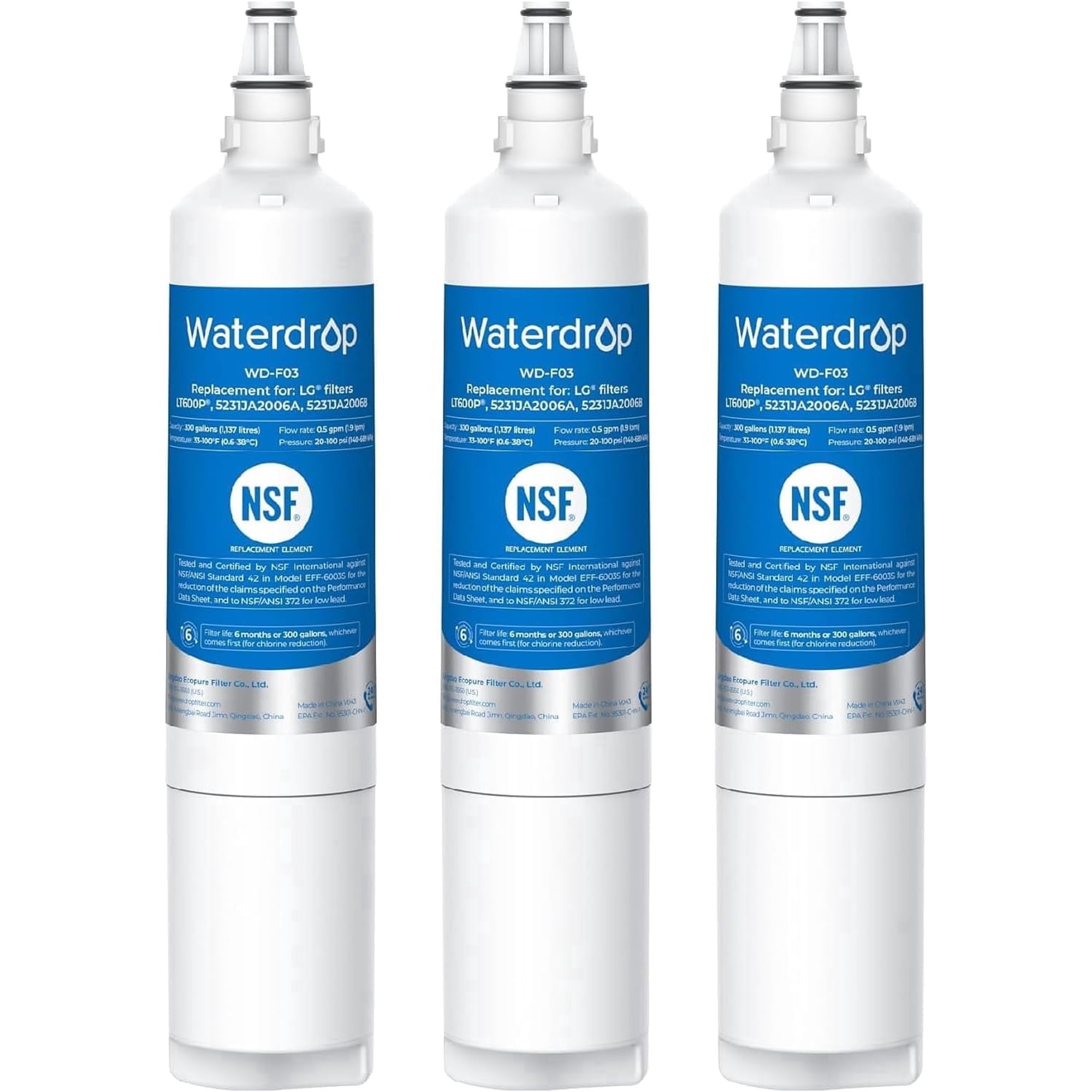 Waterdrop F03 Refrigerator Water Filter Replacement for LG® LT600P® , fml-2, KENMORECLEAR® 46-9990, KENMORE® 9990, 5231JA2006B, RWF1000A, LFX25960ST, LSC27931ST, 3 Filters