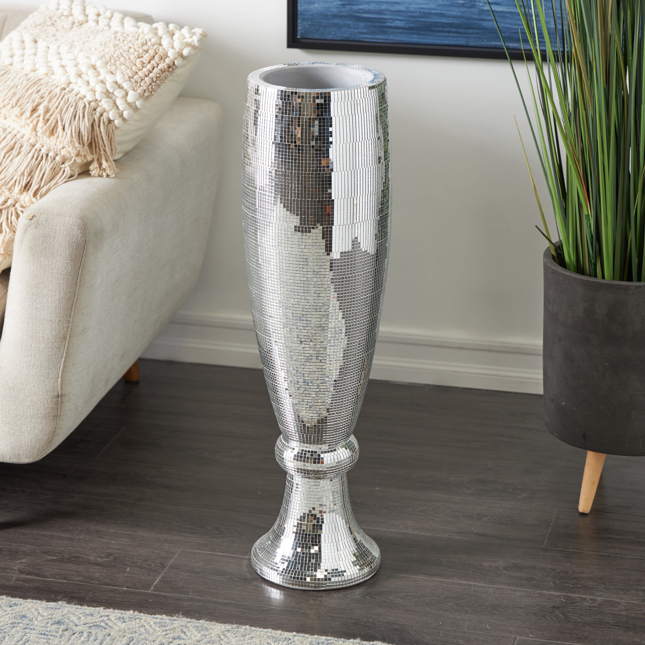 DecMode 33" Tall Champagne Flute Shape Silver Polystone Vase with Mosaic Mirror Inlay