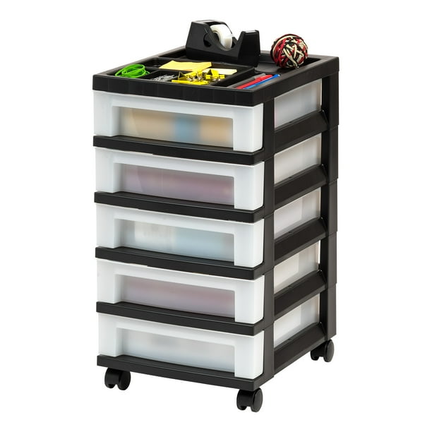 IRIS USA 5 Drawer Medium Cart with Organizer Top & Wheels, Black/Pearl