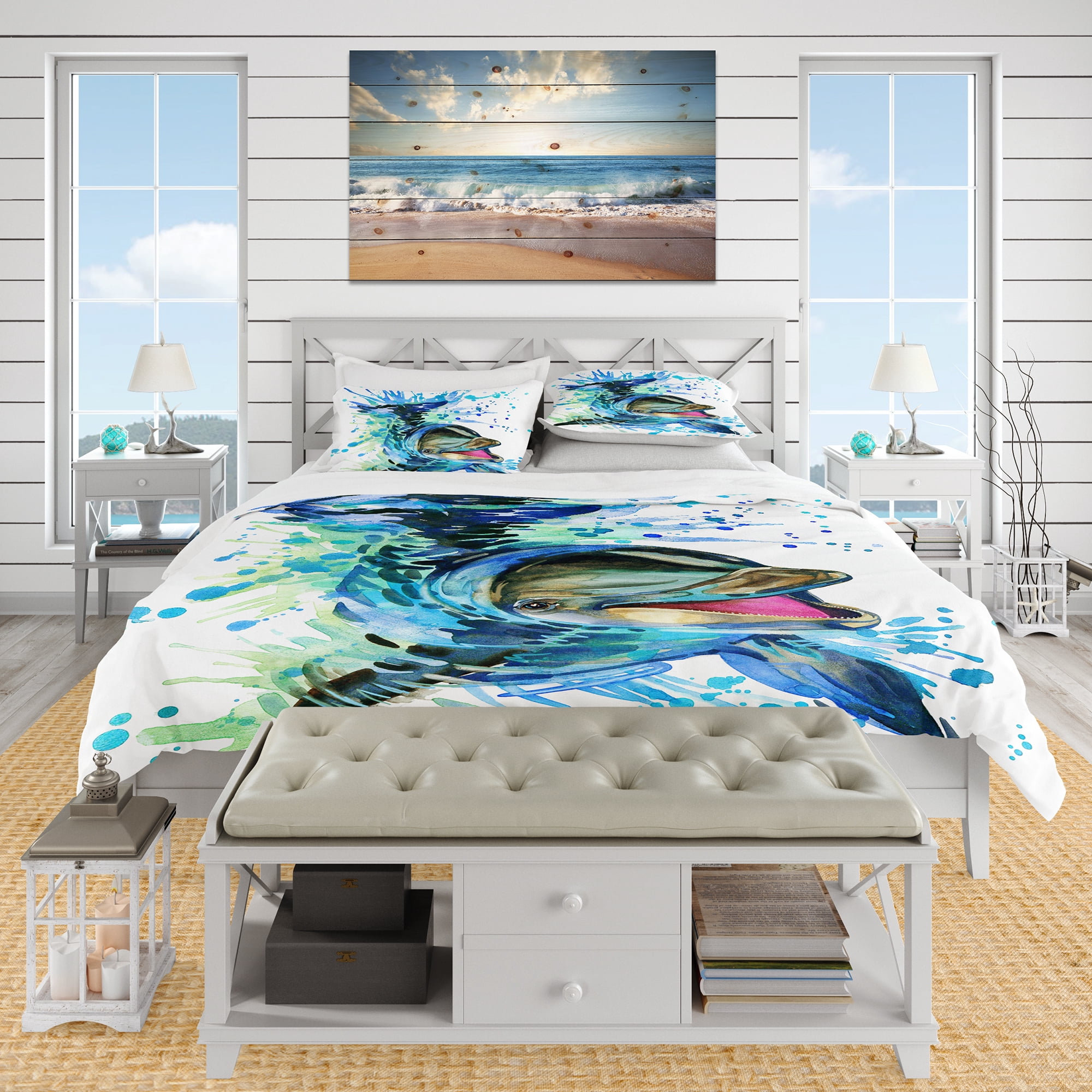 Designart 'Large Blue Dolphin Watercolor' Nautical & Coastal Duvet Cover Set