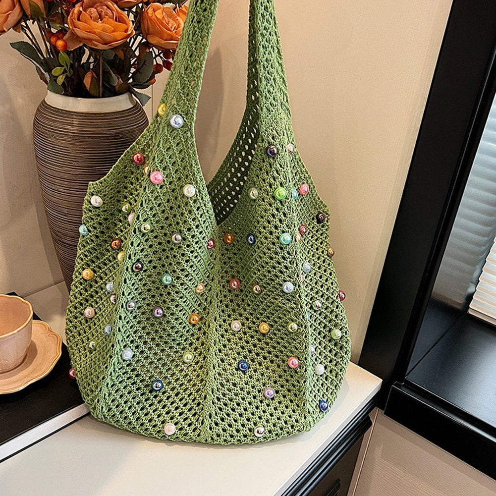 Jiibva Crochet Beach Bags Woven Travel Tote Boho Shoulder Bag Hollow Knitting Handbag Mesh Shoulder Bag Women Knitted Handbags for Holiday, Daily Work