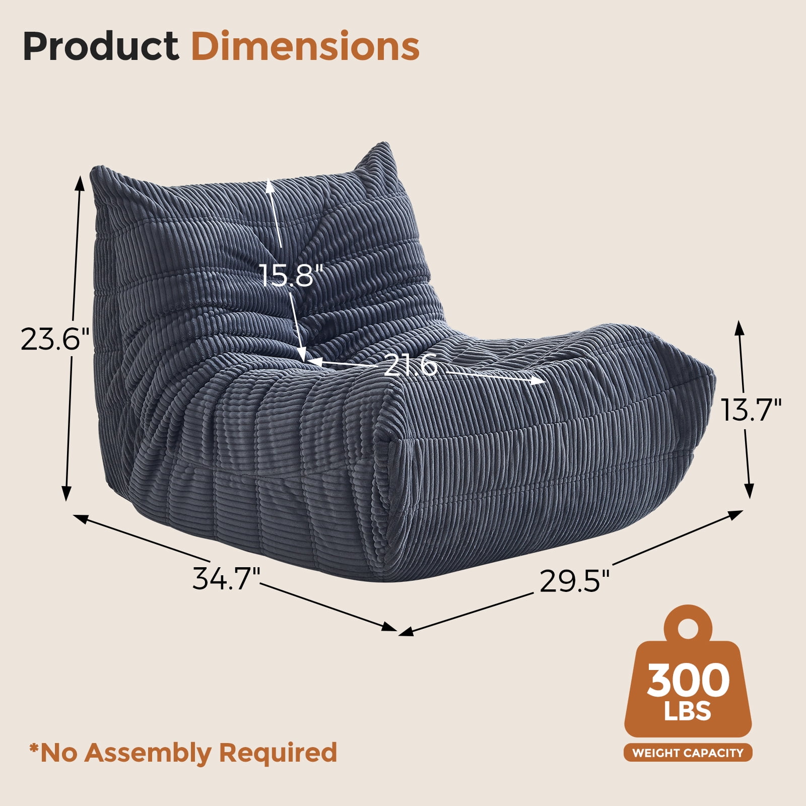 GOLUCKY Large Bean Bag Sofa for Adults, Memory Foam BeanBag Chair, orduroy Boneless Chair, Lazy Floor Sofa for Reading Gaming Living Room Bedroom, Gray
