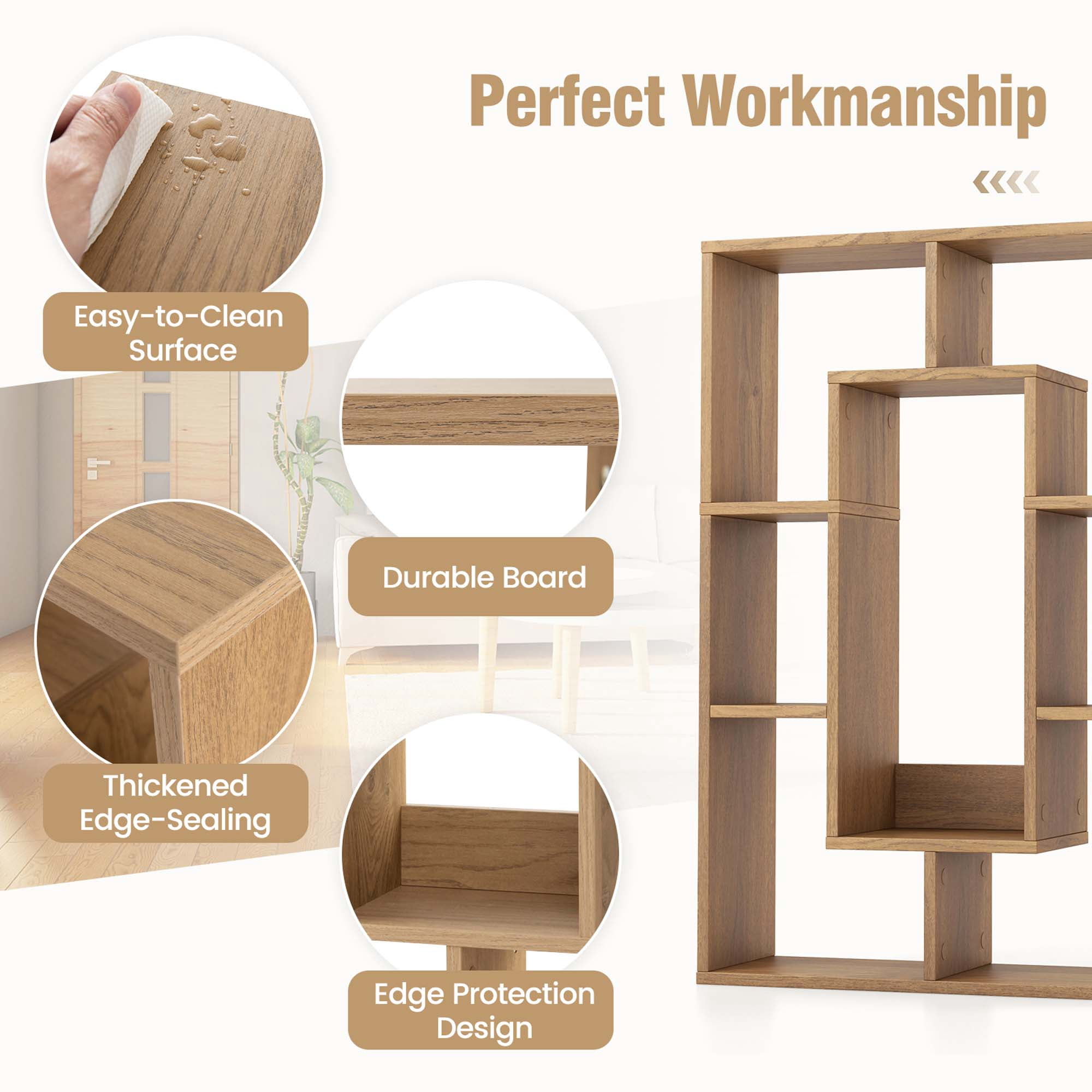 Costway 7-Cube Geometric Bookshelf with Anti-Toppling Device Modern Open Bookcase Natural
