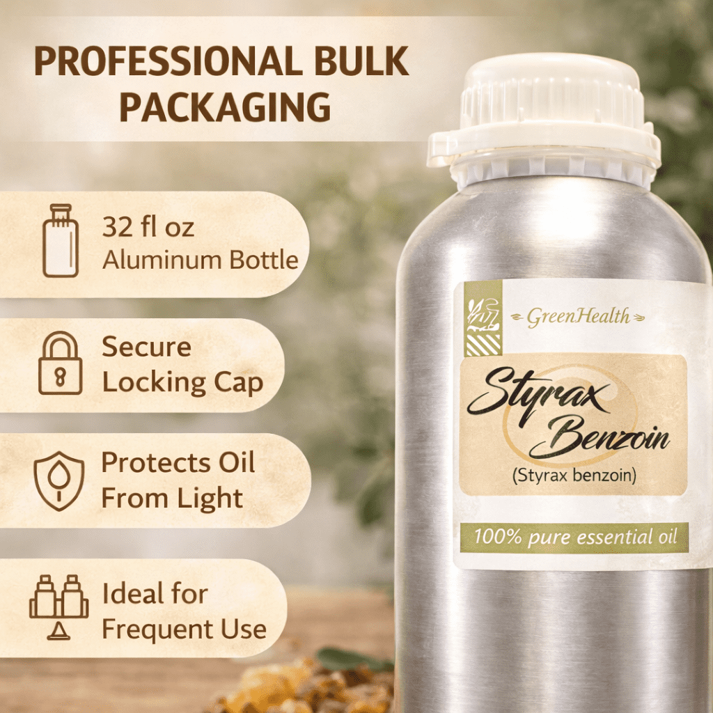 GreenHealth Styrax Benzoin Essential Oil – 32 fl oz | 100% Pure & Natural | Aluminum Bottle with Locking Cap | for DIY Perfume Blends, Candles, Soap Making & Wax Melts