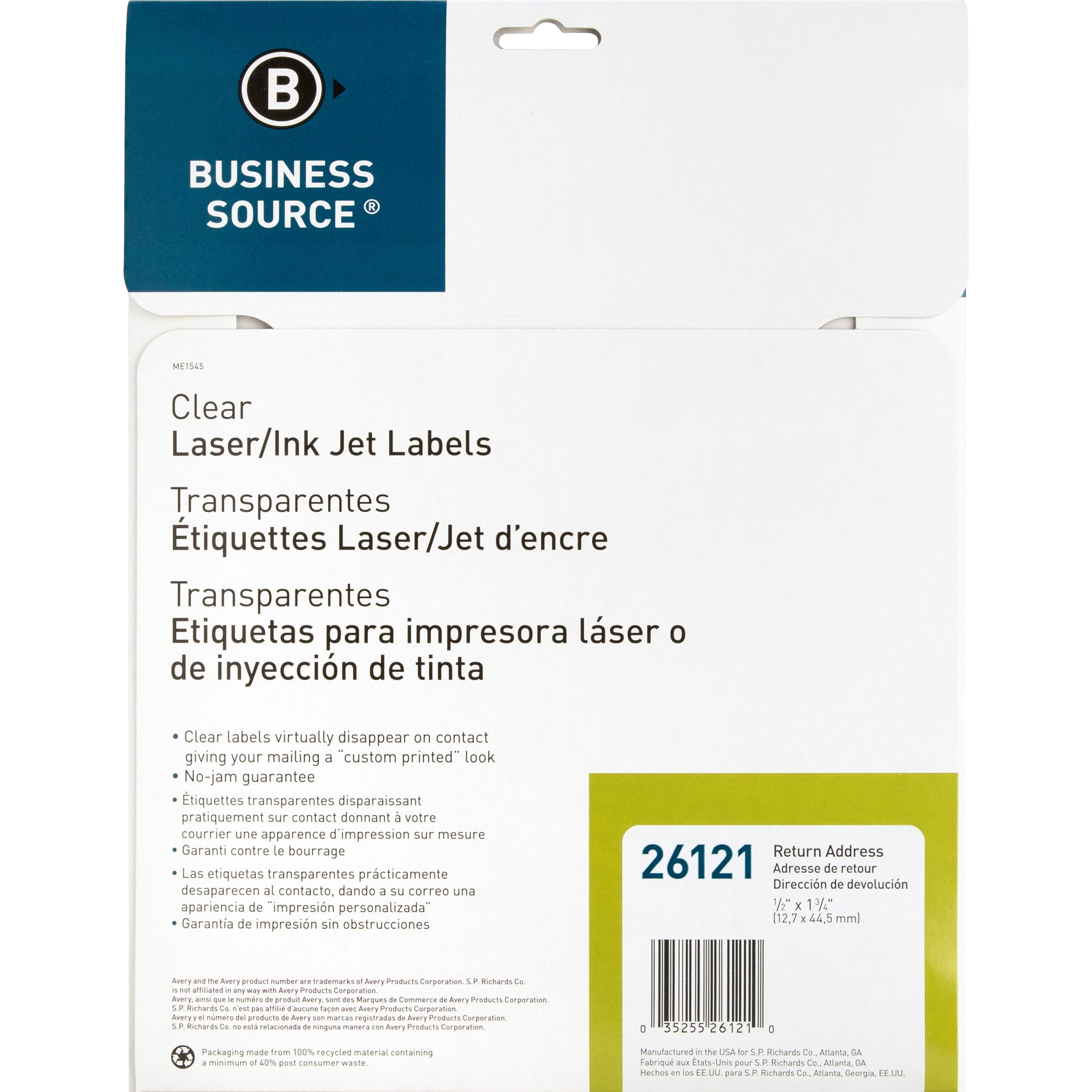 Business Source, BSN26121, Clear Return Address Laser Labels, 2000 / Pack, Clear