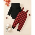 thumbnail image 3 of Kucnuzki 6 Months Newborn Baby Boys Outfit Set 12 Months Winter Clothes Long Sleeves Letter Print Hooded Romper Hoodie Top Plaid Suspender Pants Sets 2pcs Cute Clothing Gift Red, 3 of 8