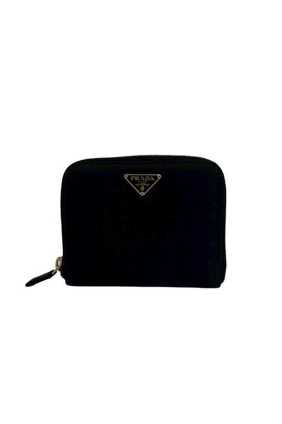 Pre-Owned PRADA Triangle Logo Hardware Tessuto Nylon Saffiano Leather Round Zip Bi-fold Wallet...