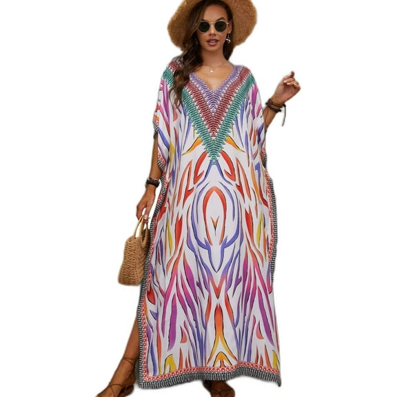 EDOLYNSA Kaftan Dresses for Women Long Printed Maxi Caftan Dress Swimsuit Cover up Resort Wear