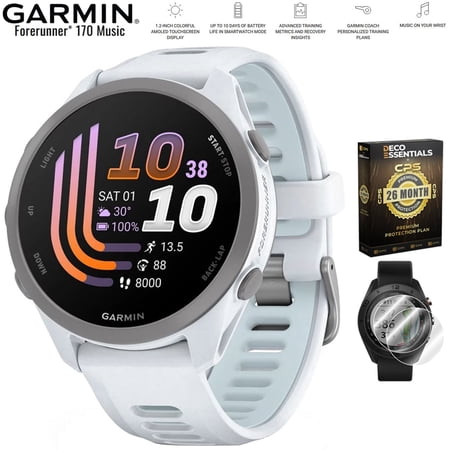 Garmin Forerunner 170 Music Whitestone/Cloud Blue 010-03920-11 Bundle with Deco Essentials Exclusive 26 Month CPS Enhanced Protection Pack and Deco Essentials 2-Pack Screen Protector
