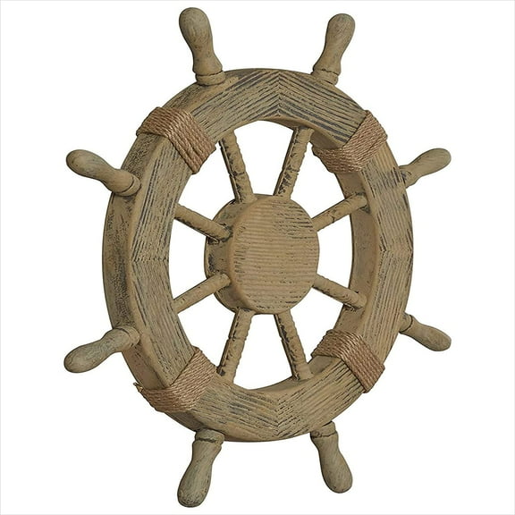 Wooden Ship Wheel Combed Pinewood Torched (Antique Brown Finish) - Yellow Rope - (48 Inches)