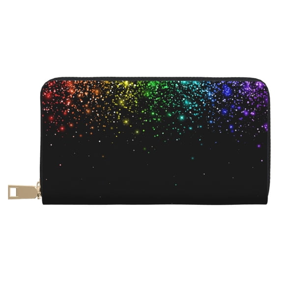 Leather Thin Slim Wallets for Women Men - Night Rainbow Sparkles Clutch Card Wallet for Women Men with Zipper