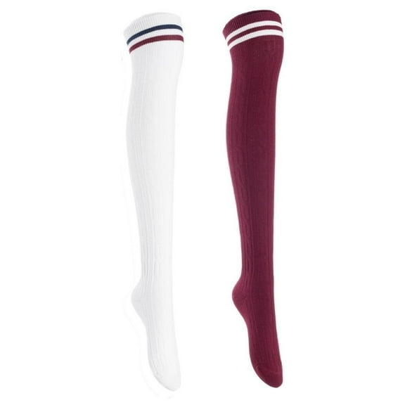 Lian Style Women's 2 Pairs Incredible Durable Super Soft Unique Over Knee High Thigh High Cotton Socks Size 6-9 J1023 White, Wine