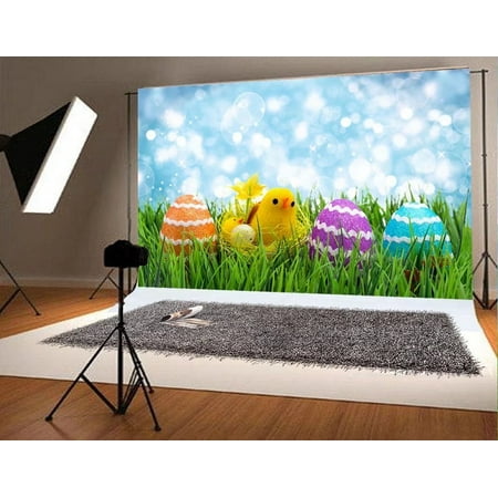 Image of GreenDecor 7x5ft Cute Chicken Happy Easter Photo Studio Background Colorful Eggs Spring Photography Backdrop Blue Sky Bubble Lights for Baby Backdrops
