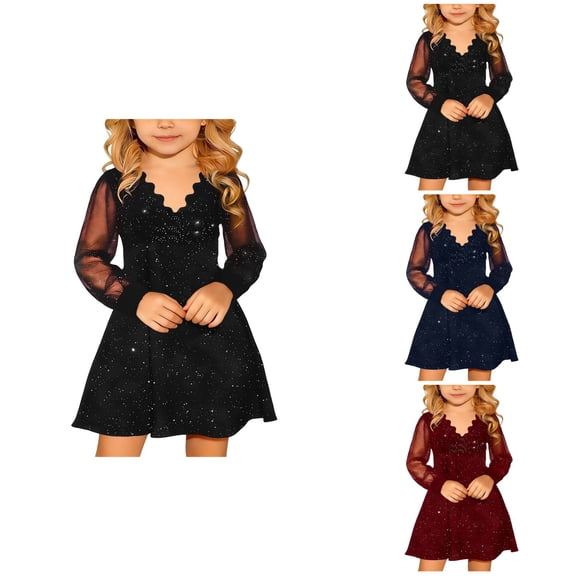 Kids Girl's V-Neck Sparkly Mesh A-Line Dress, Long Sleeve Glittering Formal Party Wear for 4-14 Years
