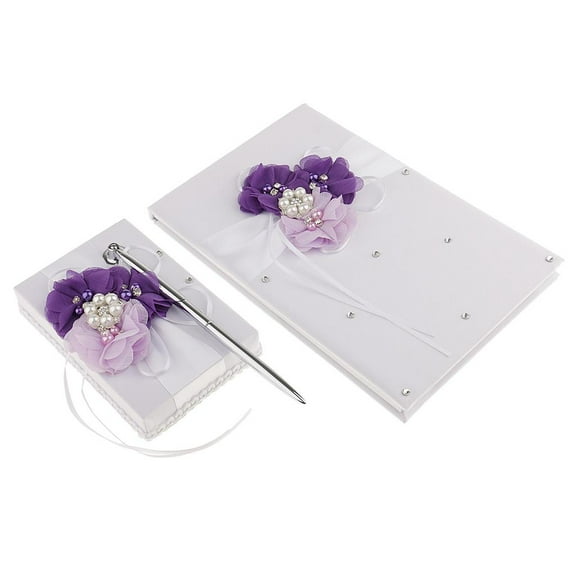 Satin Flower Wedding Guest Book Pen Holder Set with Pearls Crystal Decorations