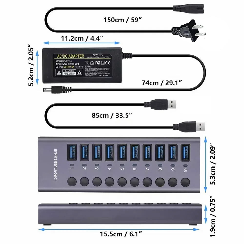Powered USB Hub, AUBEAMTO Aluminum 10-Port USB 3.0 Hub with 10 USB 3.0 Data Transfer Ports, USB Splitter with Individual Switch and 60W (12V/5A) Power Adapter for Laptop, PC, Computer, Mobile HDD
