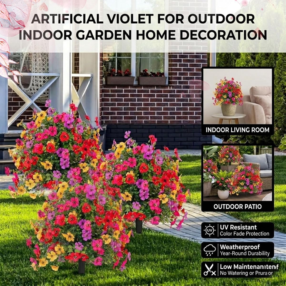 Artificial Violet for Outdoor Indoor Garden Home Decoration, UV Resistant Waterproof Faux Flowers, No Fade Fake Plants with Ground Stakes for Patio Porch Decor
