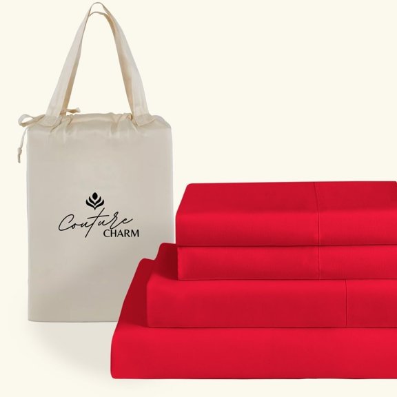Couture Charm Hotel Luxury 500-TC Giza Cotton RV-Short-Queen Size 4-Pcs Sheet Set Fits Upto 10-12" Deep Pocket (Solid, Red)
