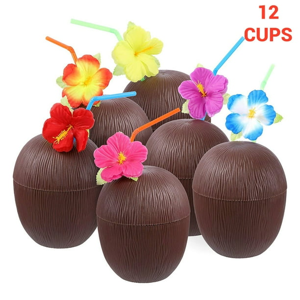 12 Uds. Tazas de coco con pajitas de flor de hibisco para fiesta infantil Luau hawaiana
