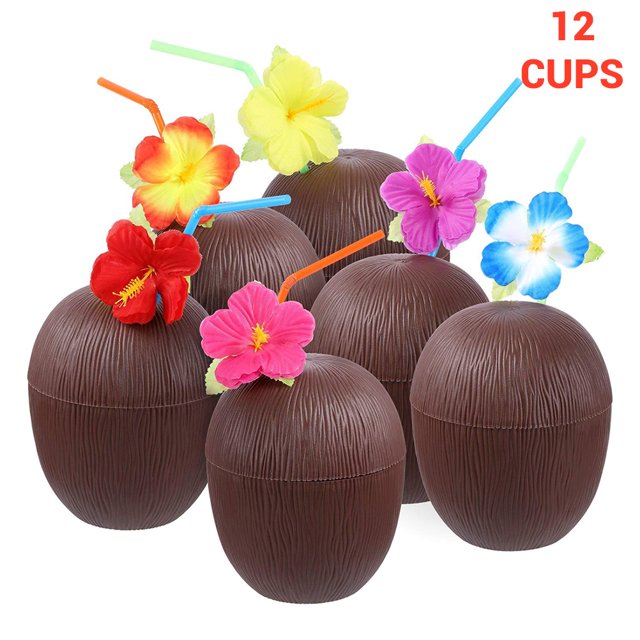 12 Uds. Tazas de coco con pajitas de flor de hibisco para fiesta infantil Luau hawaiana