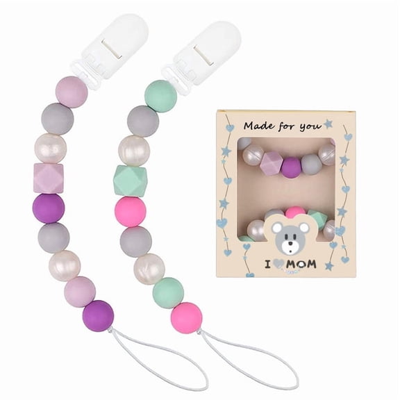 Bisitoy 2 Pack Silicone Pacifier Clips for Baby Boys and Girls - One-Piece Beads, Rust-Free Holders, Teething Relief, Baby Necessities, Newborn Safe Baby Essentials