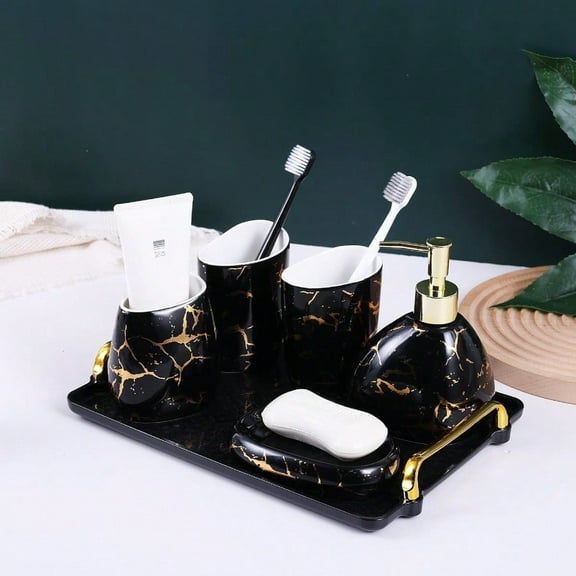 Black Bathroom Accories SetGold Marble Look Bathroom Decor Modern 6 Piece Bathroom Accory Set Complete with Soap Dispenser Toothbrush Holder Tumbler Tray Countertop