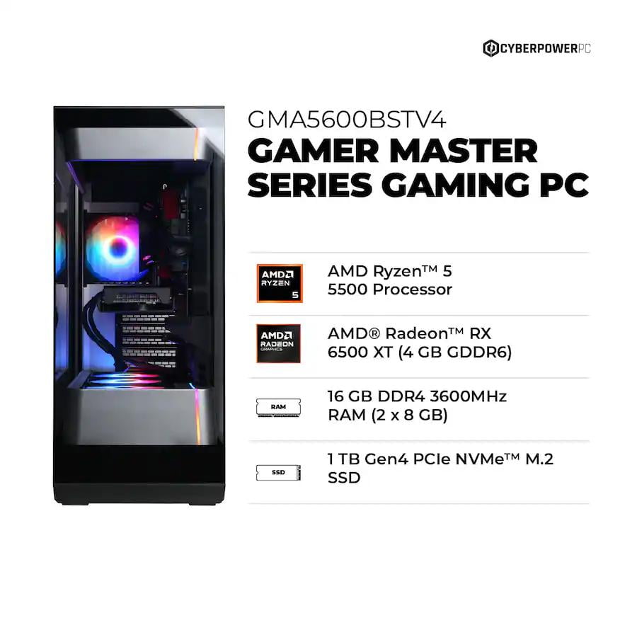 CyberPowerPC - Gaming Desktop - AMD Ryzen 5 5500 - AMD Radeon RX 6500 XT 4GB - 16GB Memory - 1TB PCIe 4.0 SSD - Black