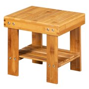 Bench Wood Seat Stool Foot Rest Shaving Stool with Non-Slip Feets Storage Shelf