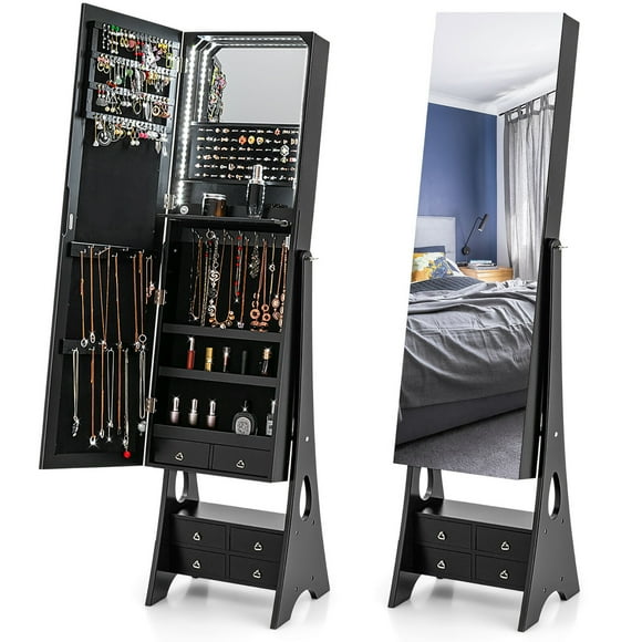Gymax Jewelry Cabinet Armoire with Full Length Mirror and Makeup Shelf, Black