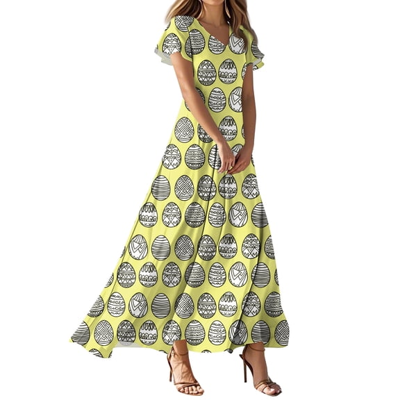 LWavelet Women's V-Neck Ruffle Sleeve Bunny & Easter Egg Print Maxi Dress for Easter & Casual Outfits Yellow M