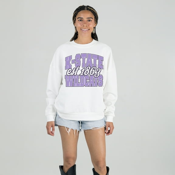 Women's Gameday Couture White Kansas State Wildcats Oversized Faded Formation Premium Fleece Sweatshirt