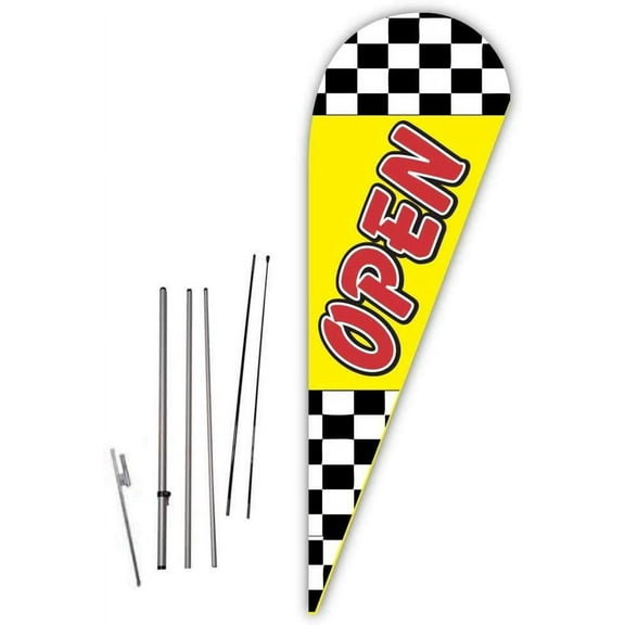 Open (Yellow/Checkered) Teardrop Feather Flag - Complete with 14ft Pole Set and Ground Spike