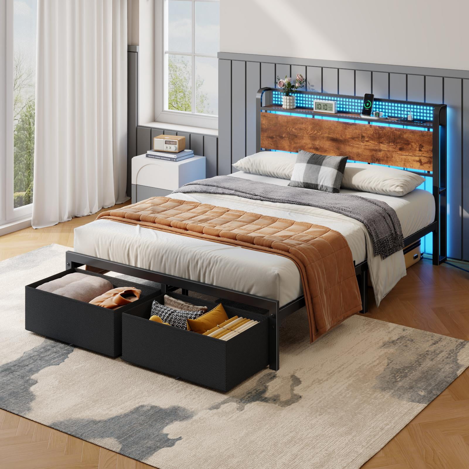 Satifur Full Bed Frame with 2 Drawers & Storage Headboard, Platform Metal Bed with Charging Station, No Box Spring Needed