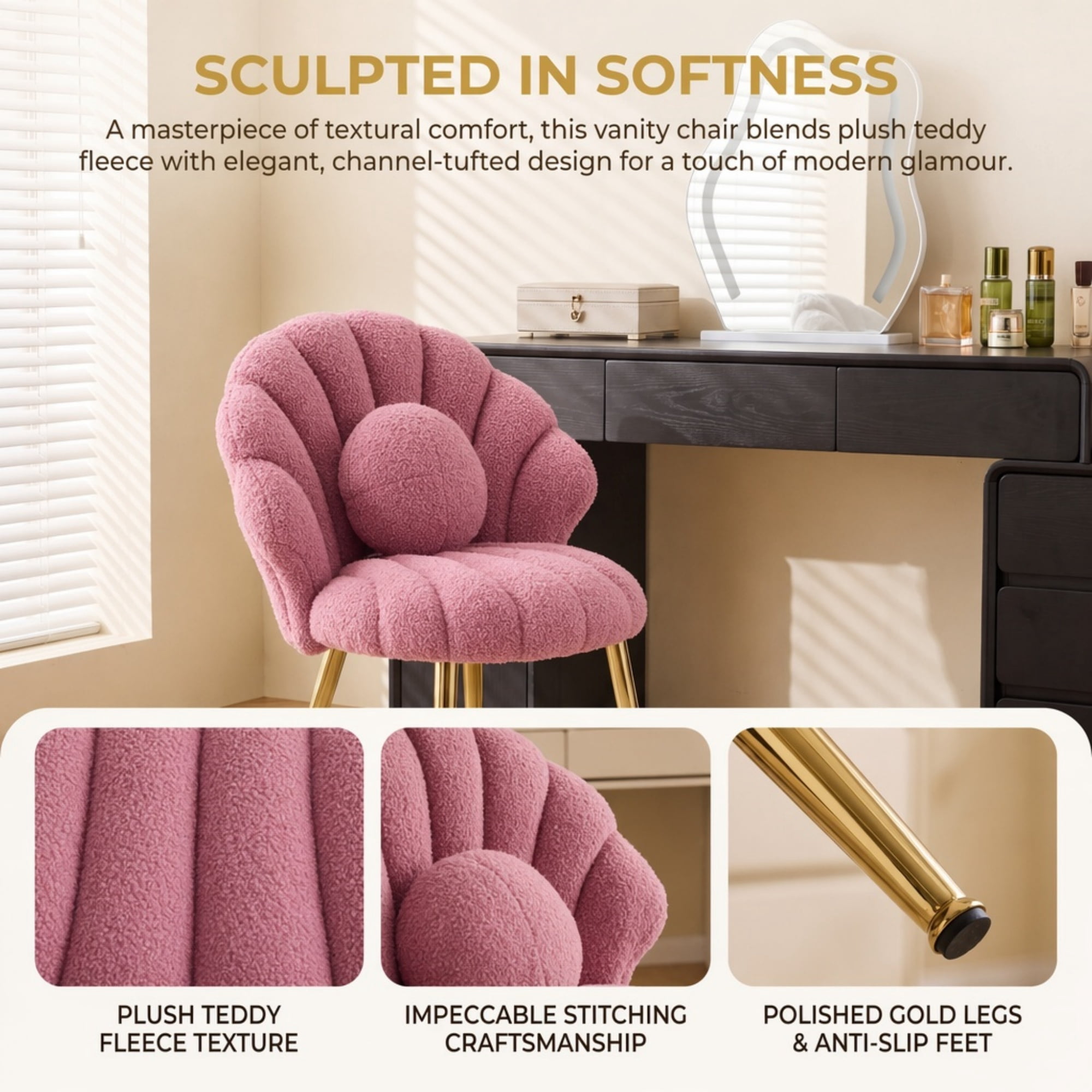 Ktaxon Vanity Makeup Chair with Teddy Velvet, Shell Design Accent Desk Chair with Lumbar Pillow and Gold Legs, Office Seating for Women Purple