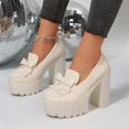 thumbnail image 6 of Gpaecead Women Bow Tassel Chunky Hight Heel Loafer Faux Leather Summer Outdoor Platform Non Slip Comfort Shoes, Beige, 6 of 7